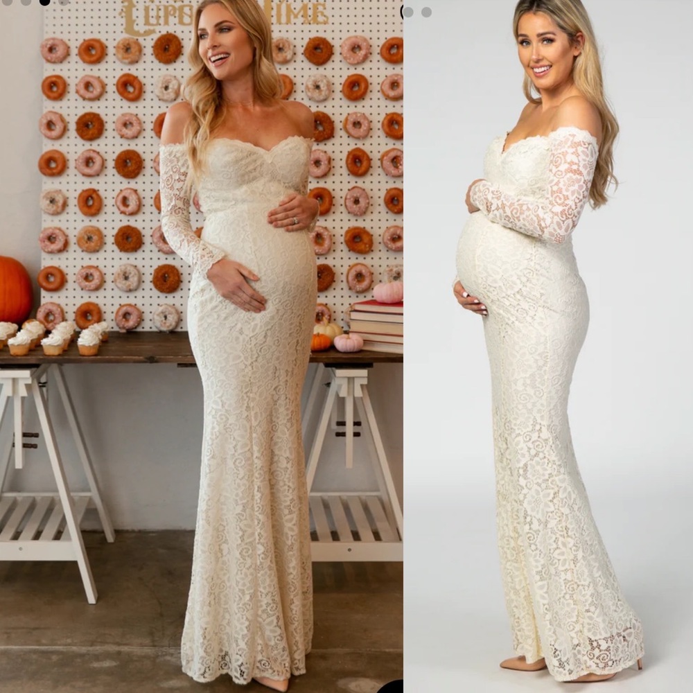 PinkBlush Ivory Lace Off Shoulder Long Sleeve Maternity Maxi
